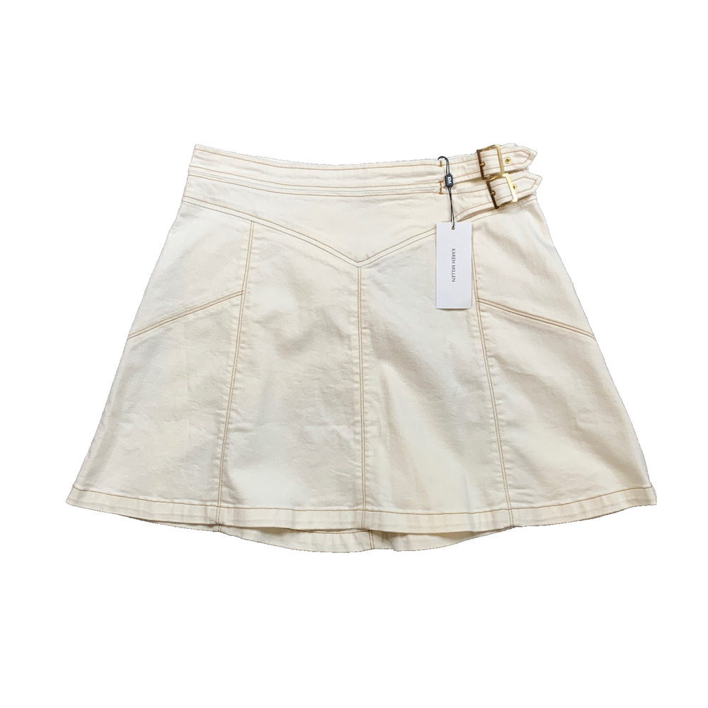 Karen Millen Skirt Womens 12 Ivory Denim Buckle Waist Seamed Mini Cotton Blend